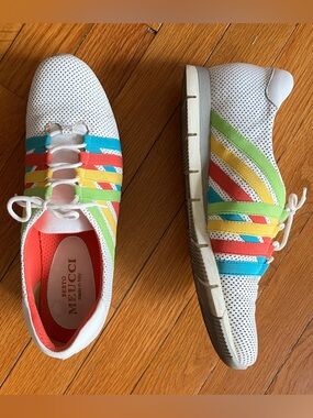 Sesto Meucci White Perforated Sneakers with Rainbow Stripe detail 8 Pride